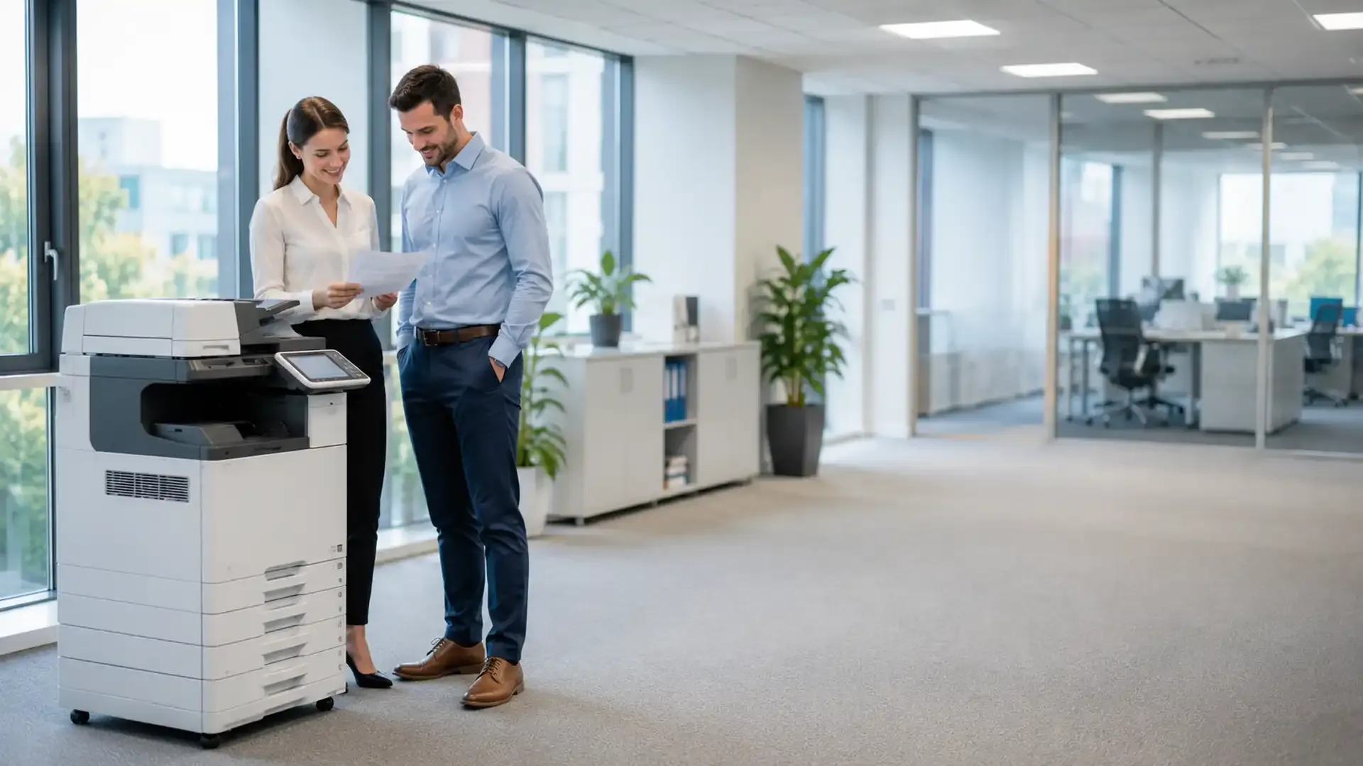 Multifunction office printer in a modern Leeds city-centre workplace